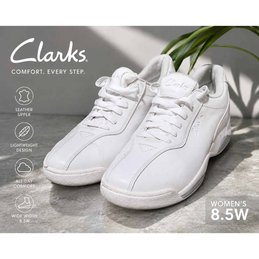 Clarks Womens White Leather Walking Sneakers Comfort Shoes Size 8.5 Wide